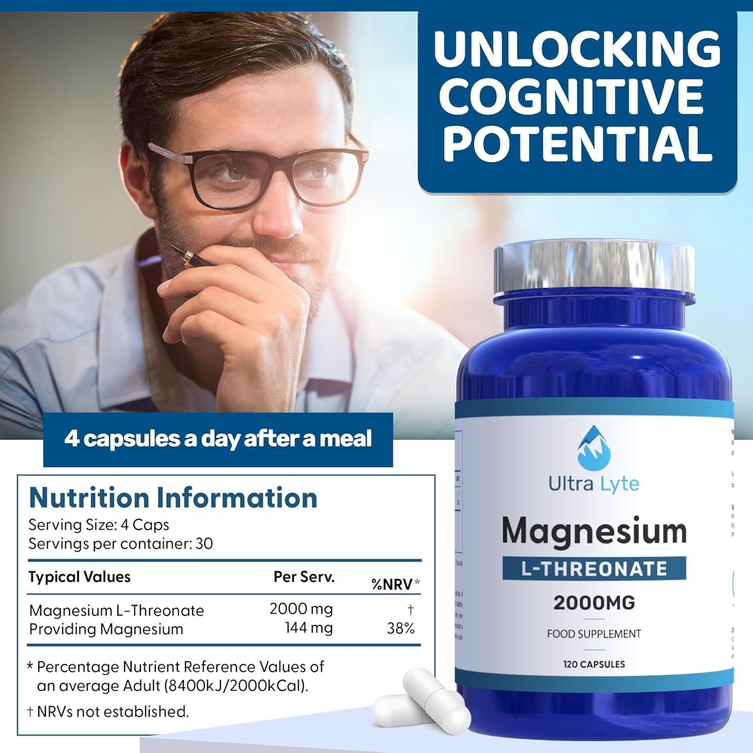 Ultra Lyte Magnesium L-Threonate – 2000mg Magnesium Supplement for Cognitive Support – 120 Capsules for Sleep Support & Relaxation - Vegan Friendly - Image 3