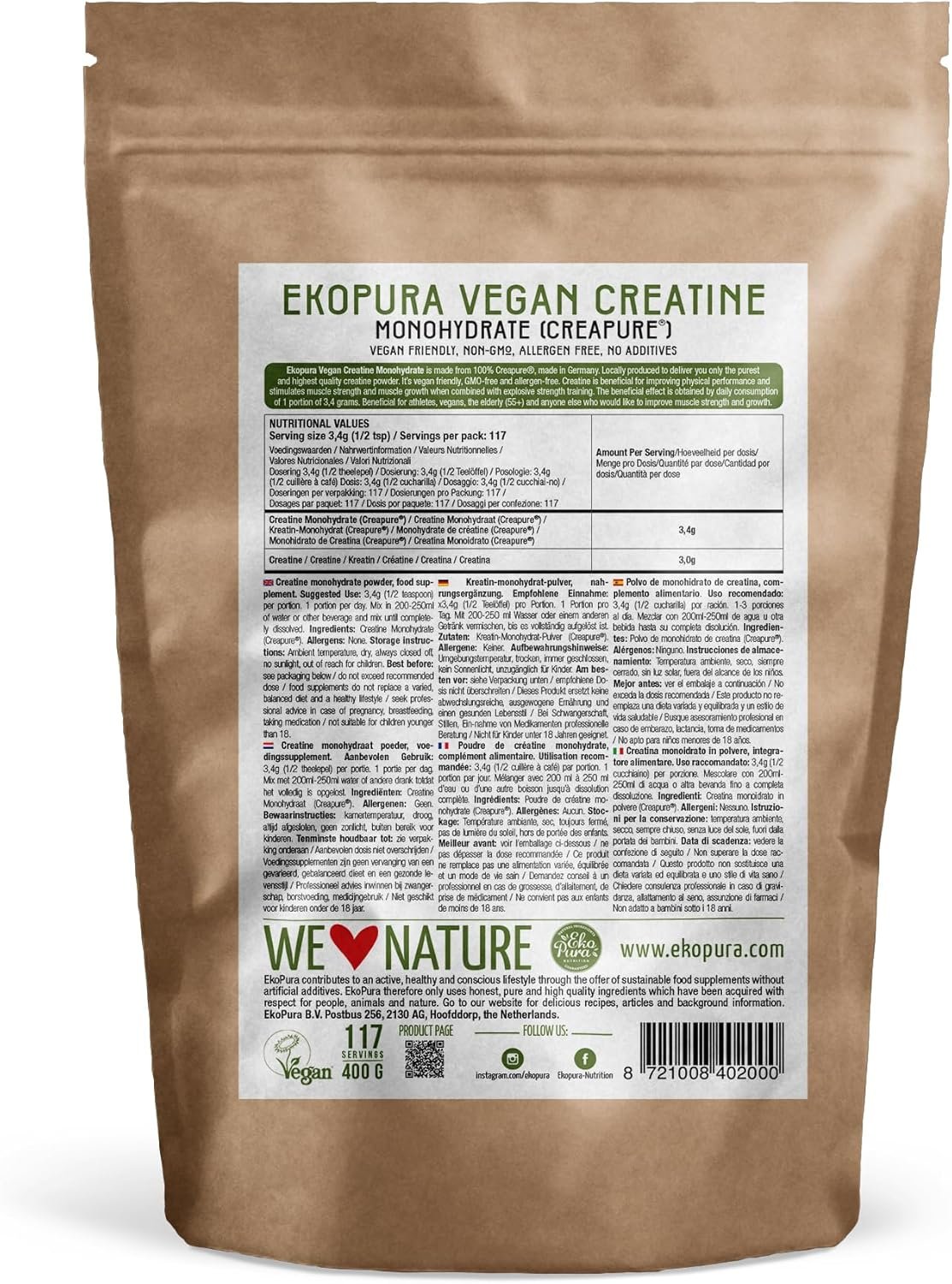 Vegan Creatine Monohydrate (Creapure®) by Ekopura | European Product, 100% Pure and Clean | 400g, 117 Servings - Image 6