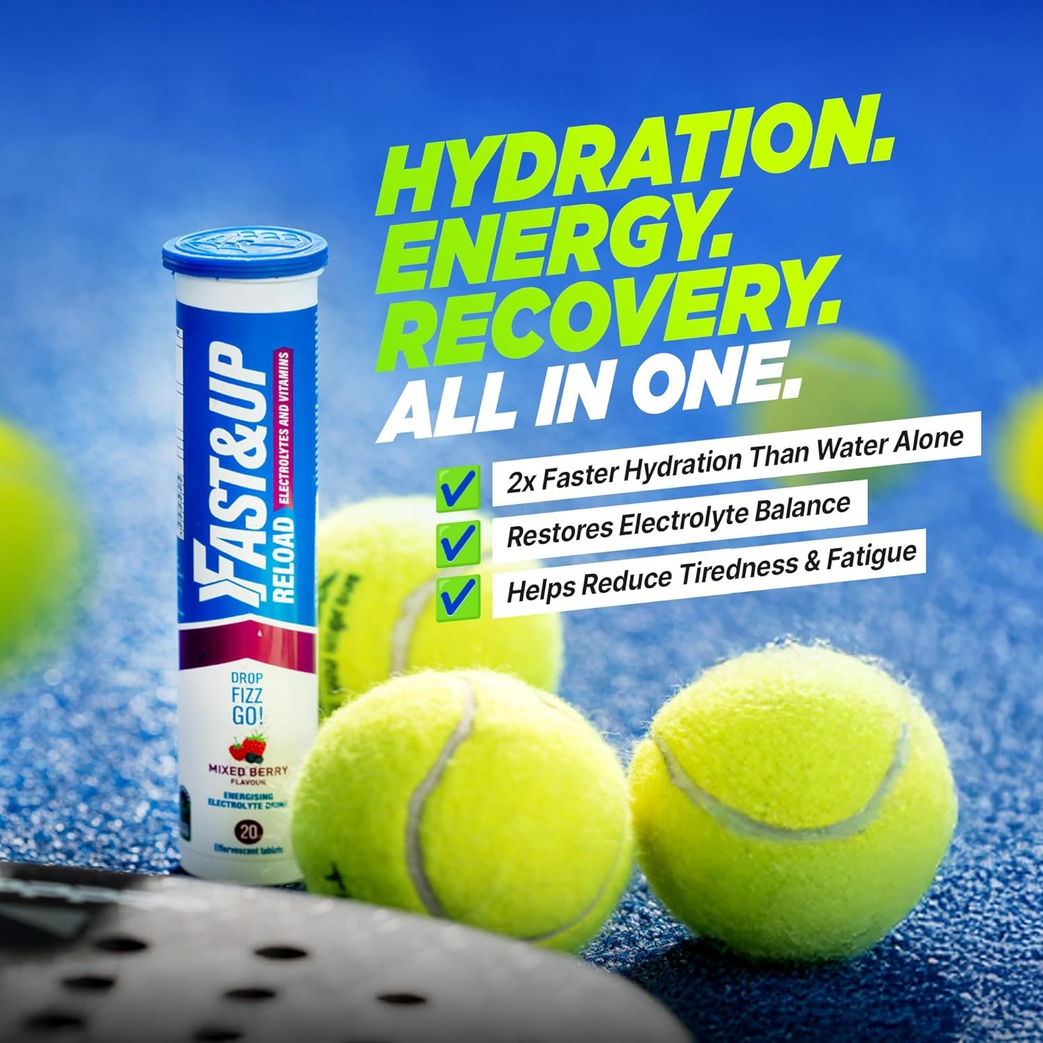 Fast&Up Reload Electrolyte Tablets, Strawberry Flavour, 20 Effervescent Tablets, with Vitamin C & B12, for Hydration & Energy, Vegan - Image 3