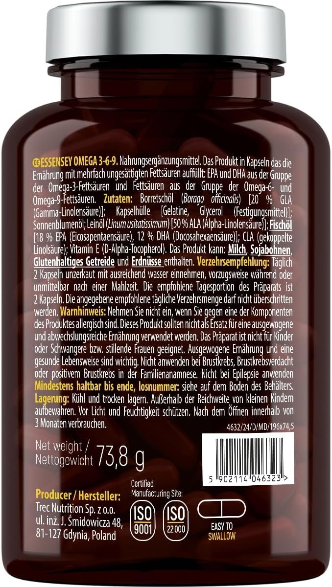 Essensey Omega 3 6 9 Complex 90 High Strength Vegan Capsules | Complex Dietary Supplement | Natural Fatty acids | Triple Omega 369 with EPA, DHA & ALA from Borage, Fish, Linseed Oil - Image 4