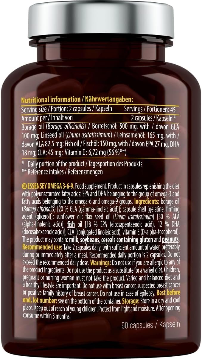 Essensey Omega 3 6 9 Complex 90 High Strength Vegan Capsules | Complex Dietary Supplement | Natural Fatty acids | Triple Omega 369 with EPA, DHA & ALA from Borage, Fish, Linseed Oil - Image 5