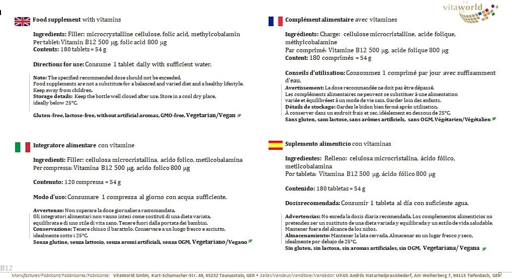 Vita World Vitamin B12 500 µg + Folic Acid 800 µg 180 Tablets Vegan/Vegetarian Made in Germany - Image 3
