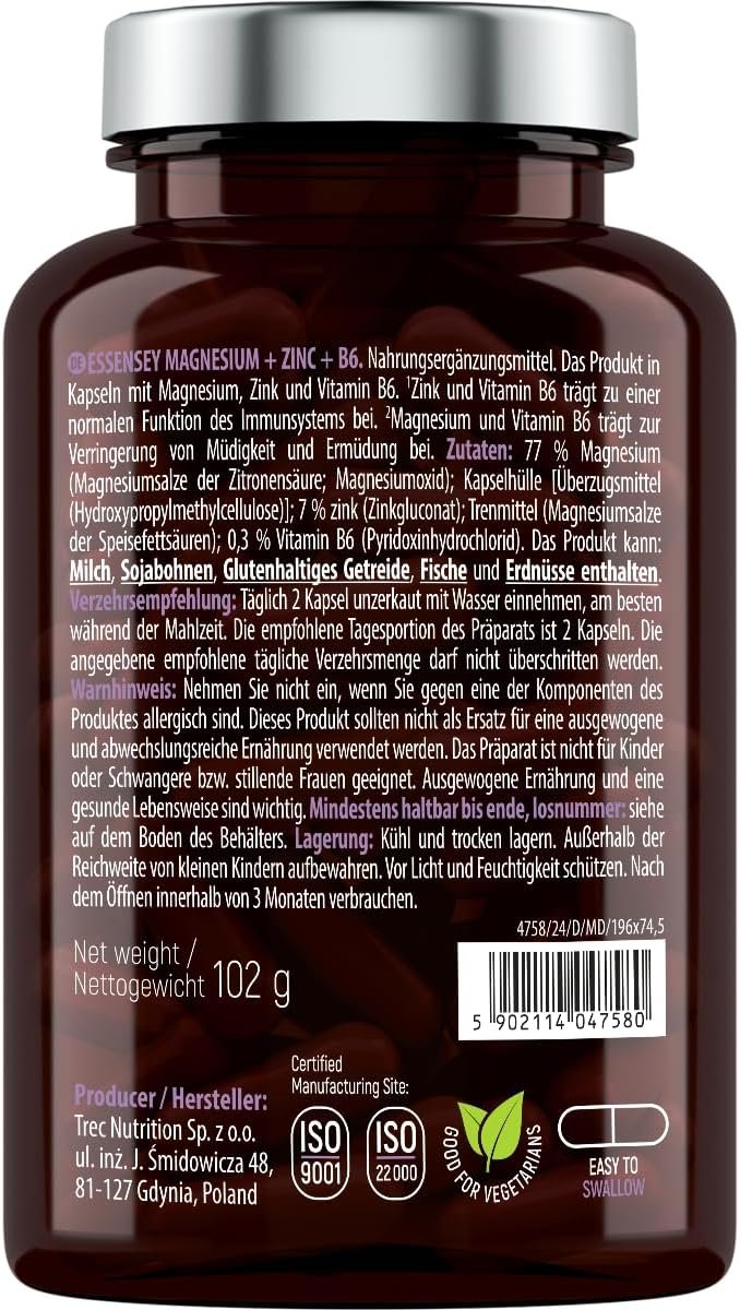 Essensey Magnesium + Zinc + Vitamin B6 Complex - Magnesium Supplements - Immune Support, Energy Boost, and Bone Health - Vegan - 120 Capsules - Image 4