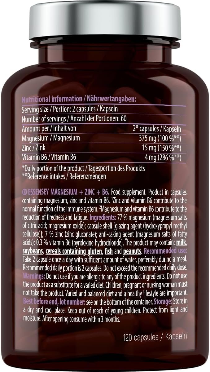Essensey Magnesium + Zinc + Vitamin B6 Complex - Magnesium Supplements - Immune Support, Energy Boost, and Bone Health - Vegan - 120 Capsules - Image 5