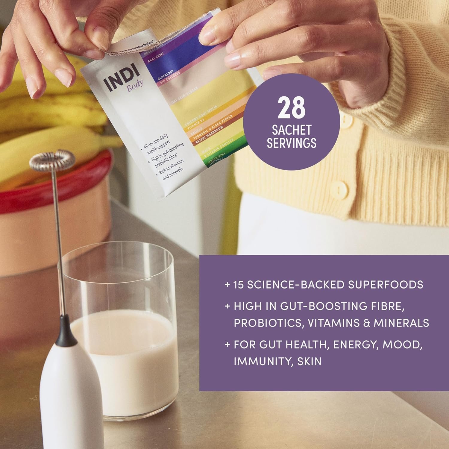 INDI Body Powder — Prebiotics & Probiotics for Gut Health — 24 Superfoods & Vitamins inc. VitaAlgae® D3 — Gut Repair Supplement — Berry Flavour — 28 Sachets — Vegan — UK Made - Image 3