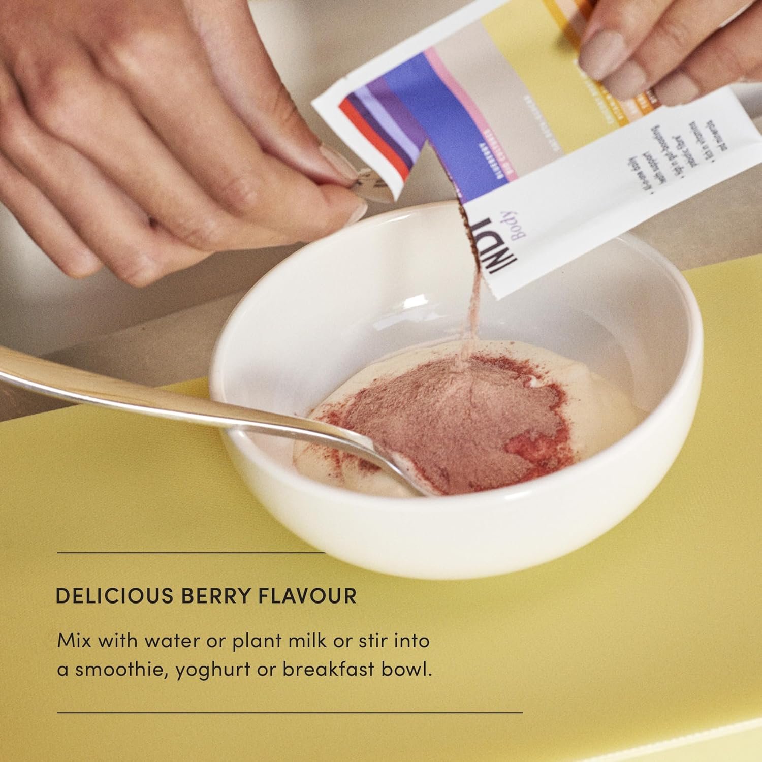 INDI Body Powder — Prebiotics & Probiotics for Gut Health — 24 Superfoods & Vitamins inc. VitaAlgae® D3 — Gut Repair Supplement — Berry Flavour — 28 Sachets — Vegan — UK Made - Image 4