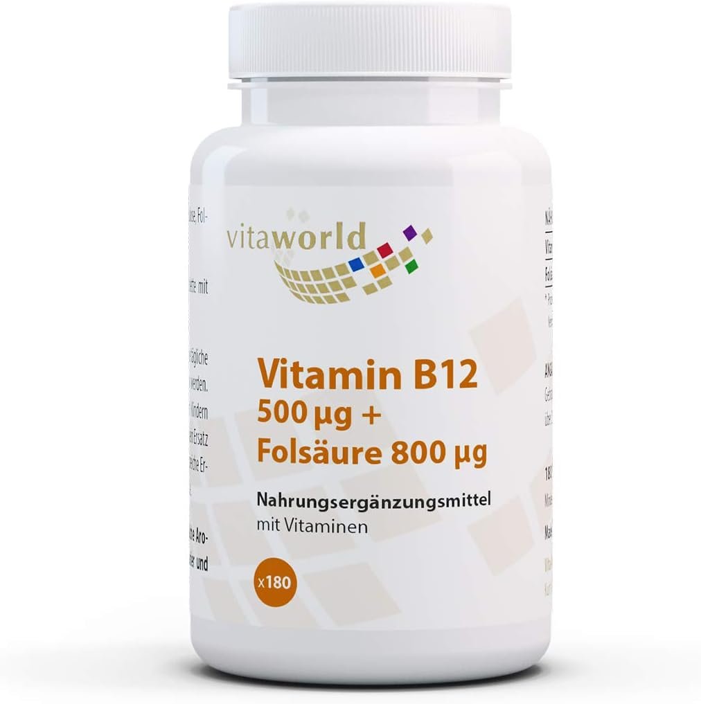Vita World Vitamin B12 500 µg + Folic Acid 800 µg 180 Tablets Vegan/Vegetarian Made in Germany - Image 2