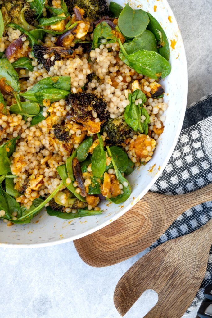 Roasted Pumpkin & Broccoli Salad with Pearl Cous Cous and Haloumi
