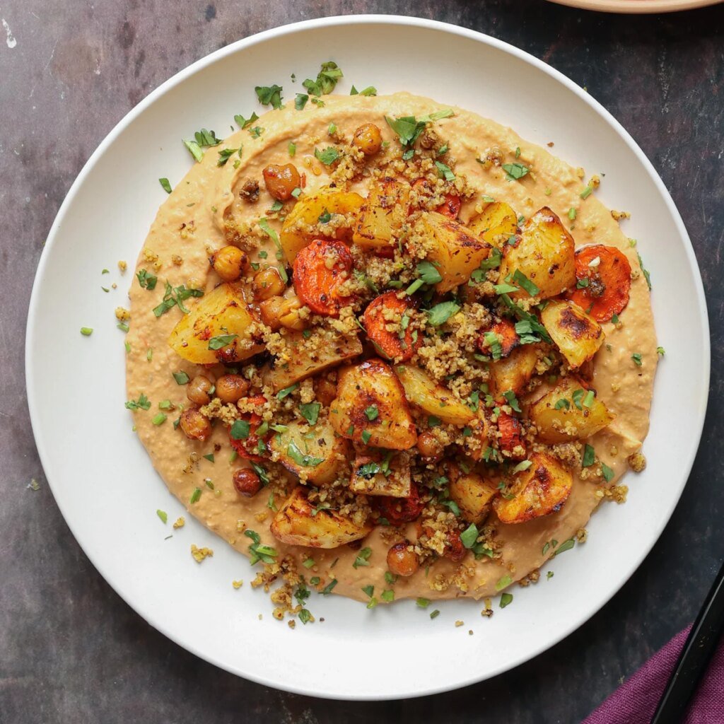 Harrissa Roasted Vegetables with Bean Puree and Walnut Crumble