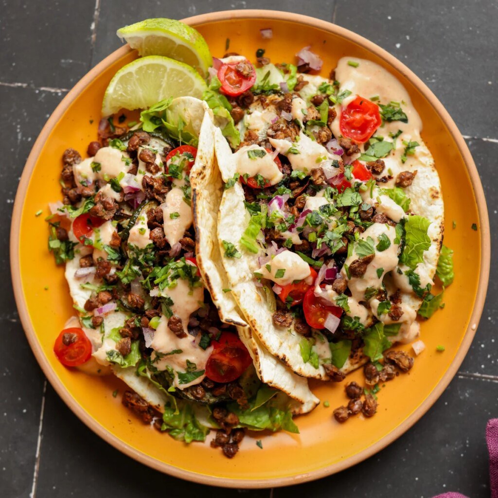 Chipotle Whipped Tofu with Crispy Lentils and Roasted Zucchini Chipotle Whipped Tofu with Crispy Lentils and Roasted Zucchini