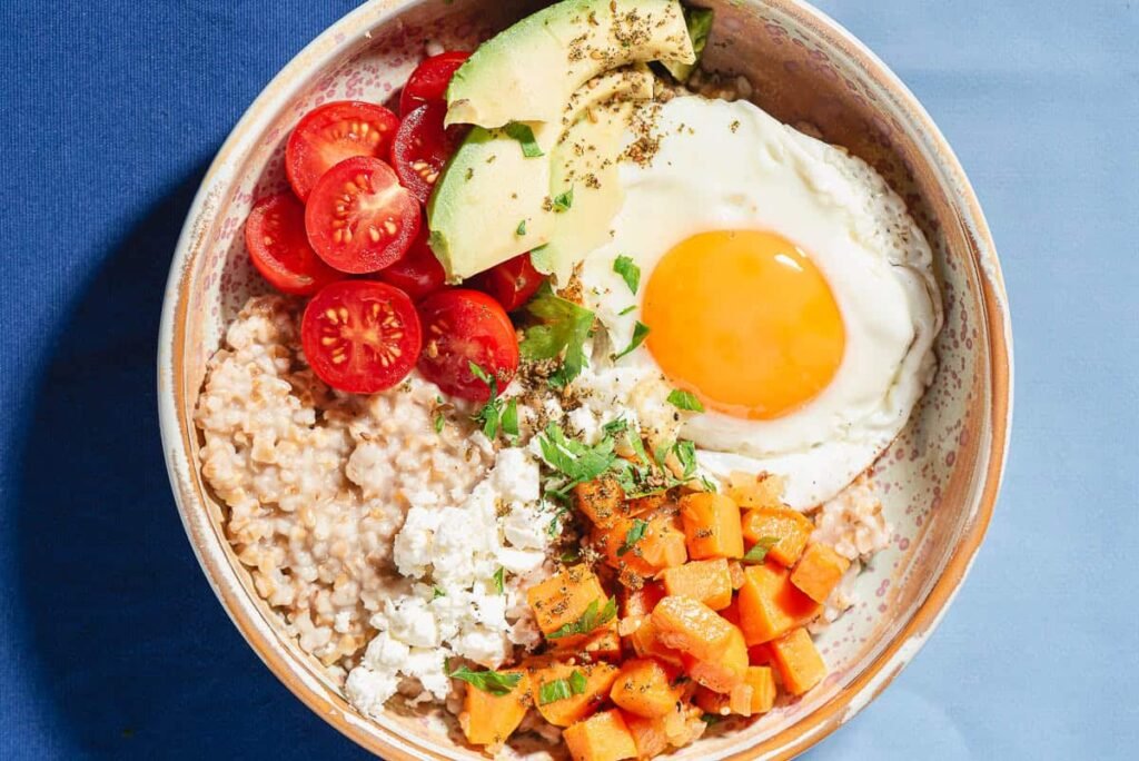Savory Oatmeal with Sweet Potatoes, Eggs, and Avocado