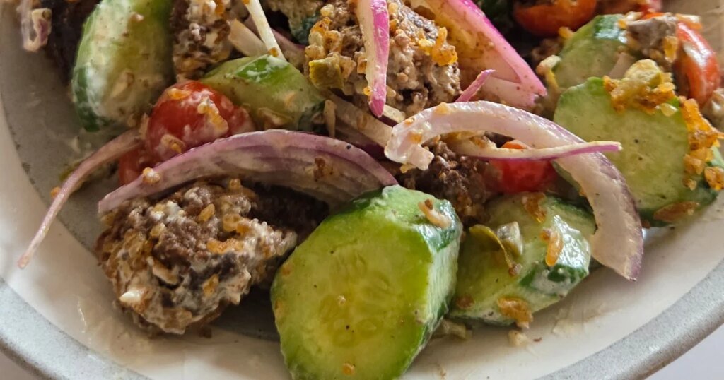 Crispy Rice Salad with Cucumbers and Shawarma Chunks