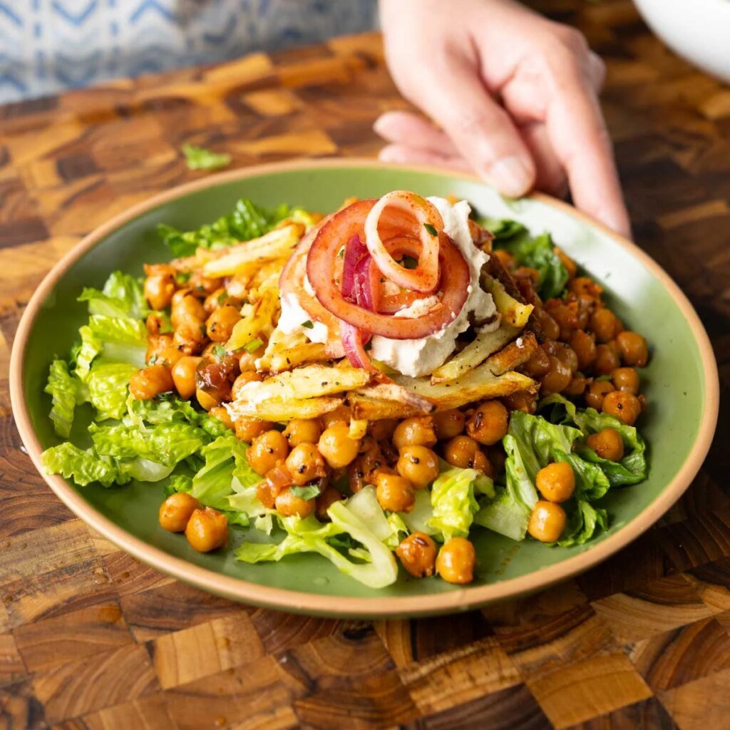 Chili Garlic Vinegar Chickpeas with Crispy Potato Strips